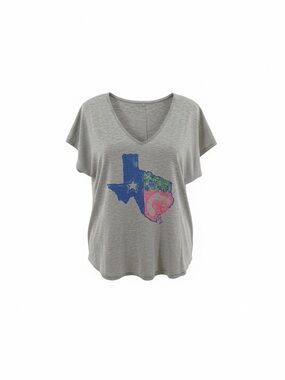 Lily Pulitzer Texas Graphic Tee Small Gray V Neck Fit Preppy Southern Coastal